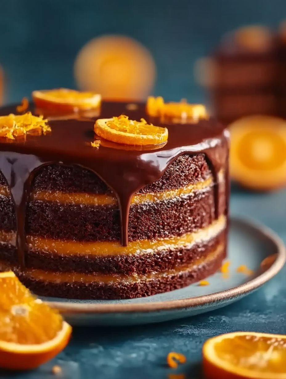 A chocolate orange layer cake with ganache.