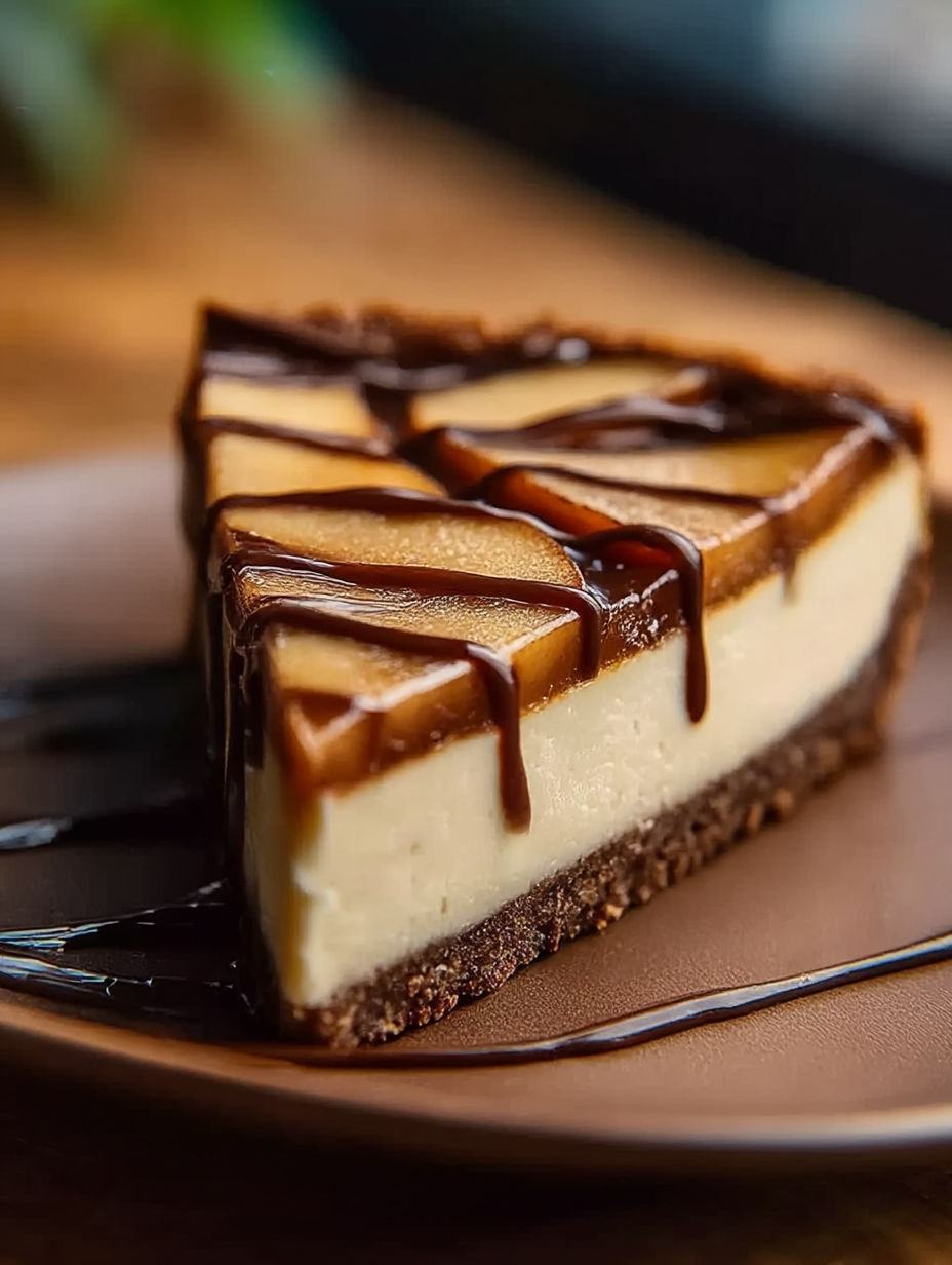 A slice of apple butter cheesecake with chocolate drizzle.