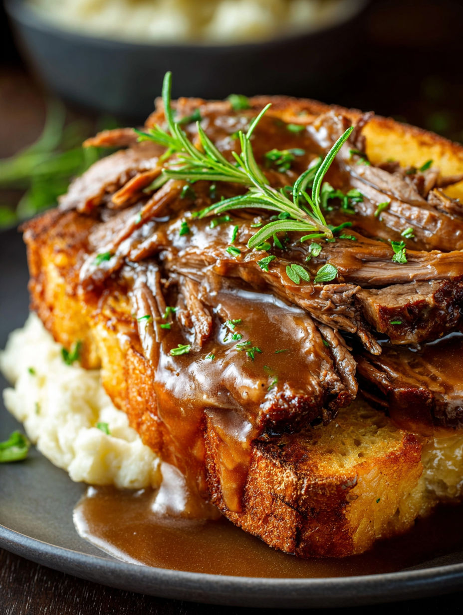 A close up of a beef manhattan sandwich.