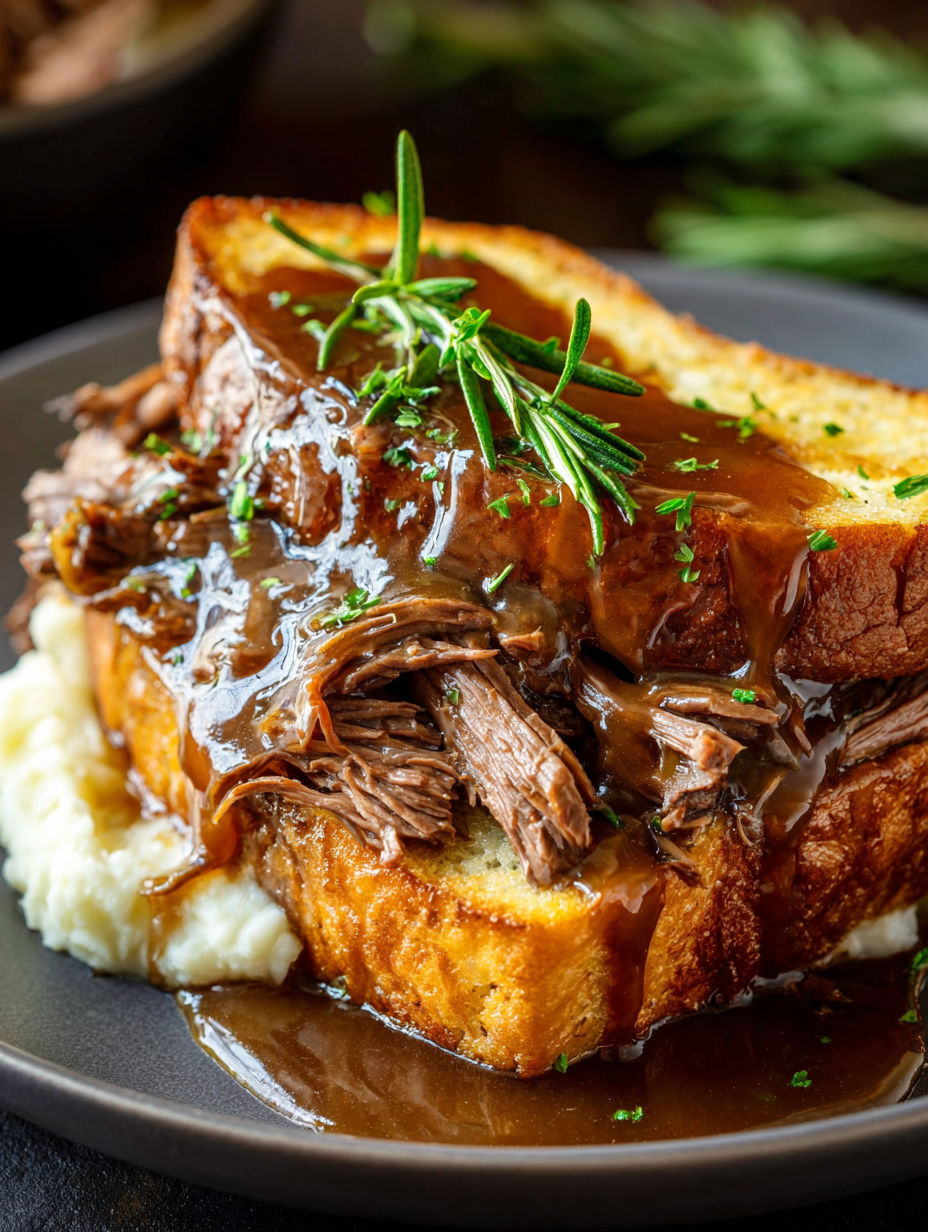 A close up of a beef manhattan sandwich.