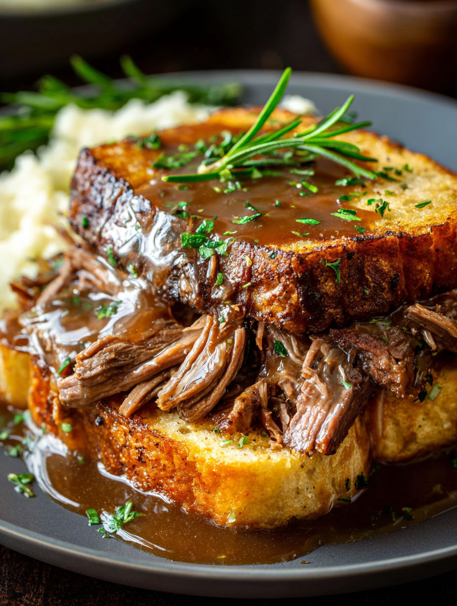 A close up of a beef manhattan sandwich.
