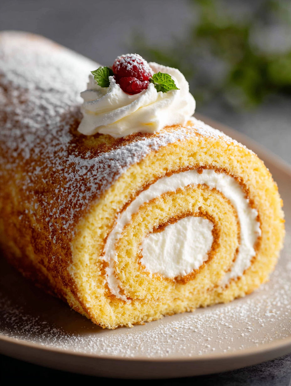 A vanilla swiss roll cake with white frosting and a raspberry on top.