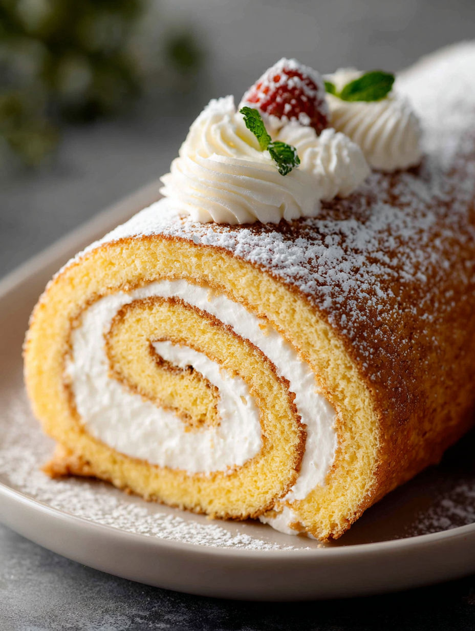 A vanilla swiss roll cake with white frosting and strawberries on top.