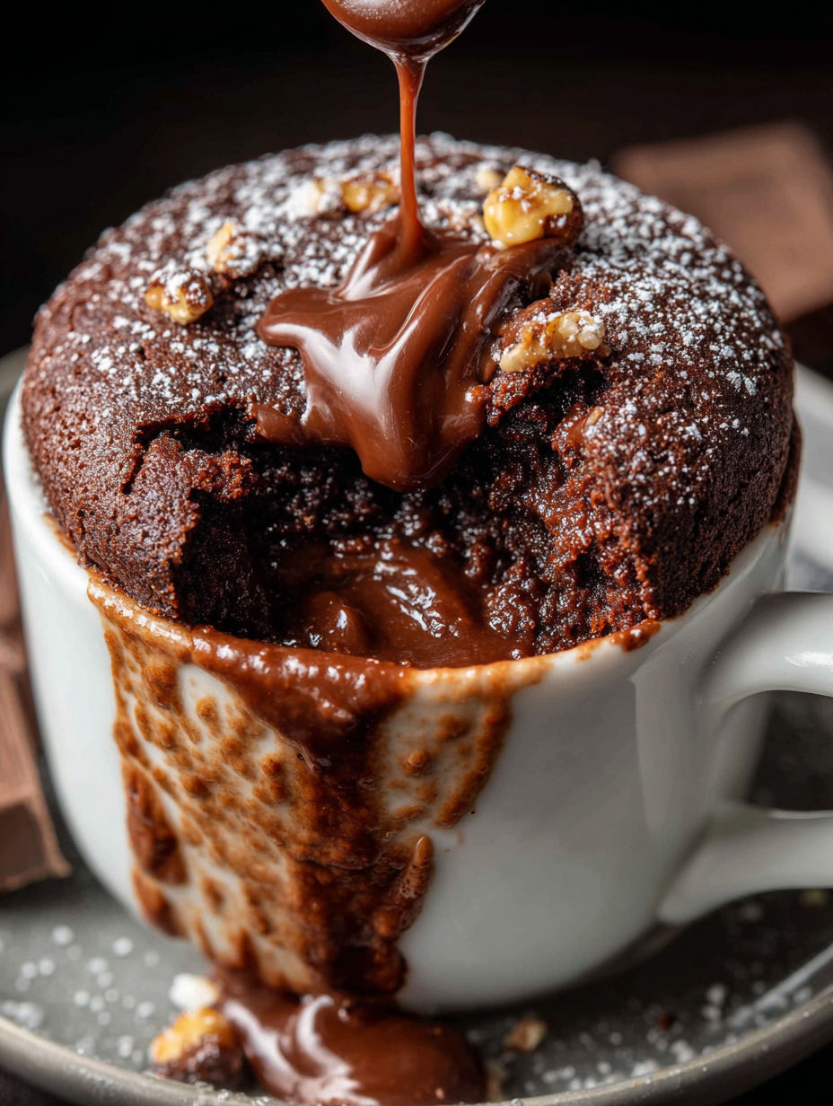 A cup of chocolate cake with Nutella drizzled on top.