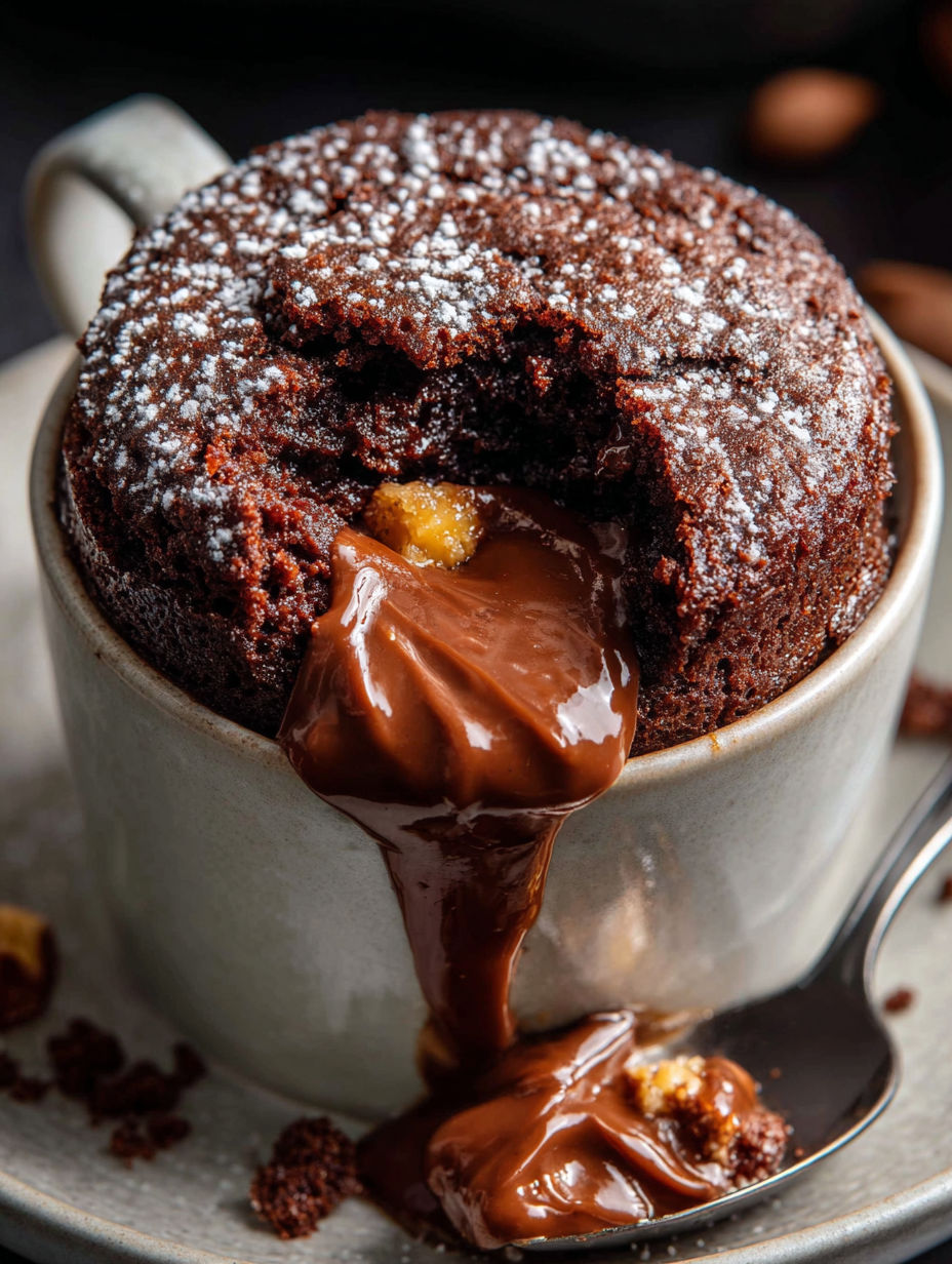 A mug cake with chocolate sauce dripping out of it.