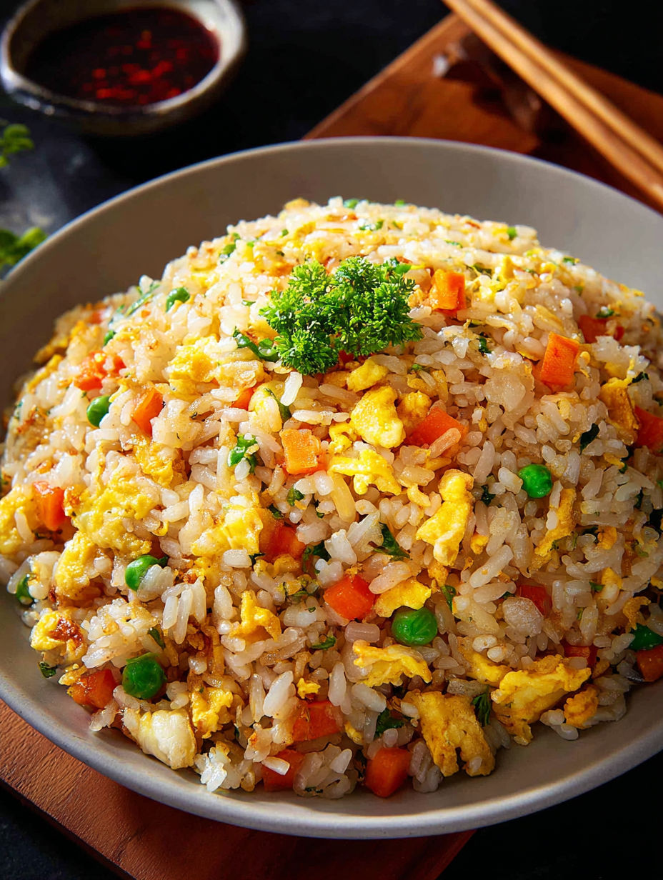 A bowl of Chinese egg fried rice.