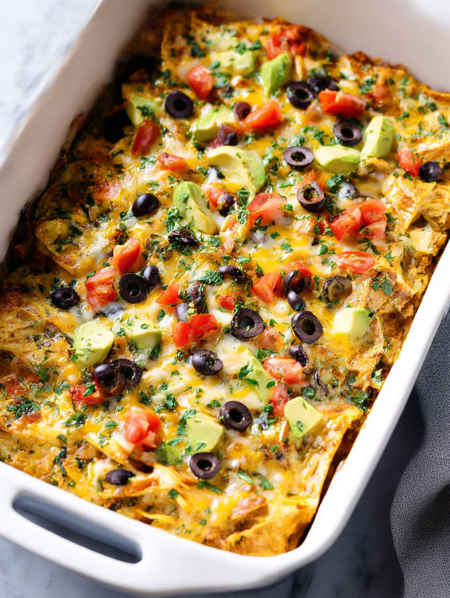 A dish of chicken enchilada casserole.
