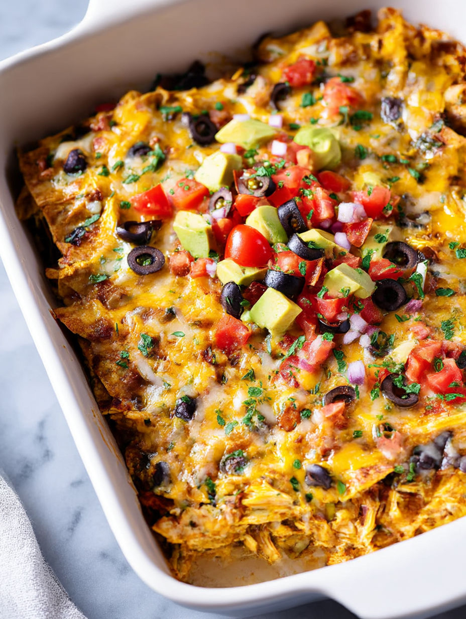 A dish of chicken enchilada casserole.