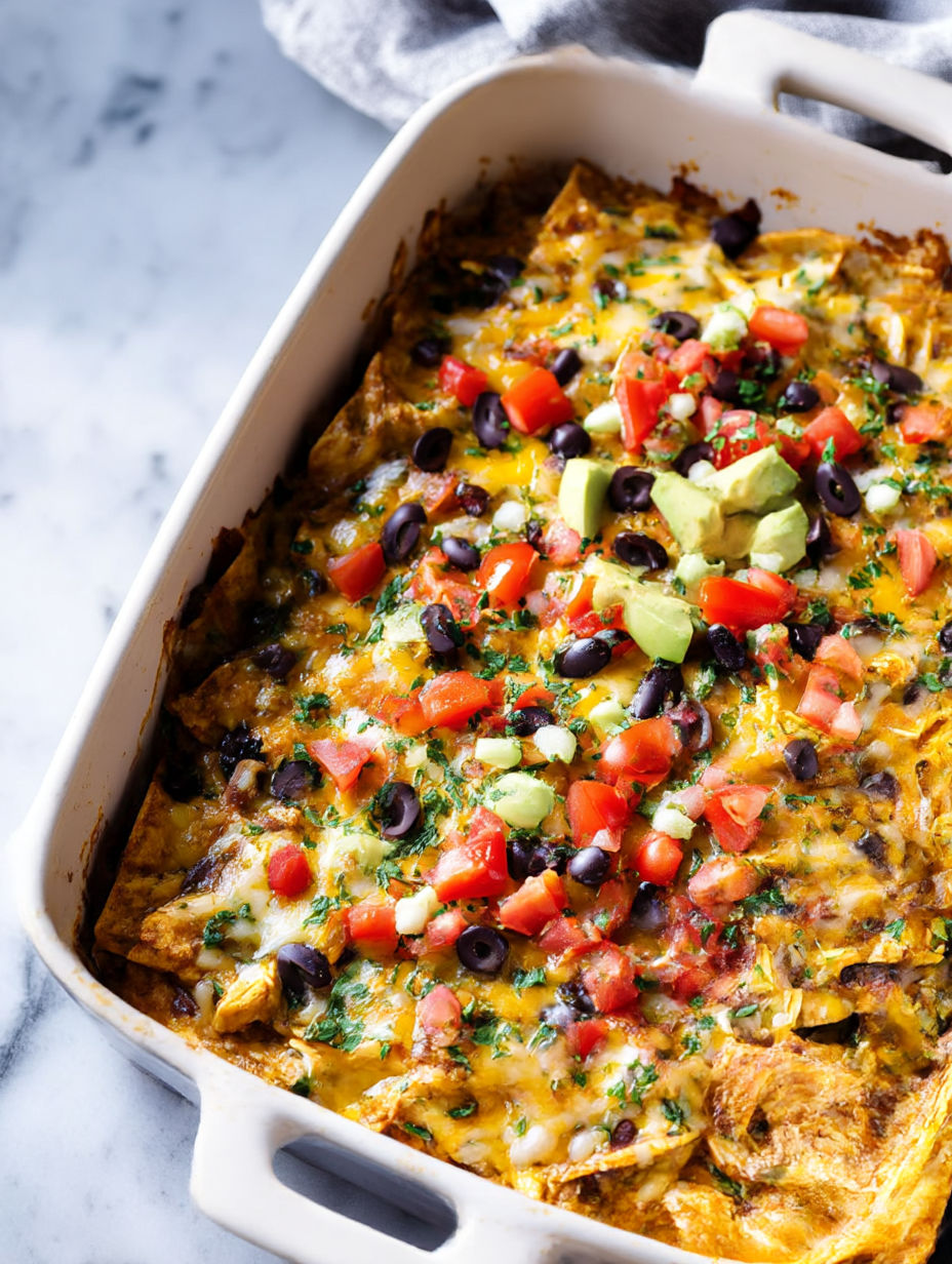 A dish of chicken enchilada casserole.