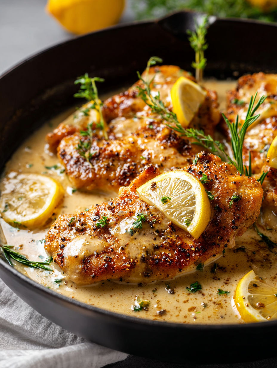 A pan of chicken with lemon and pepper seasoning.