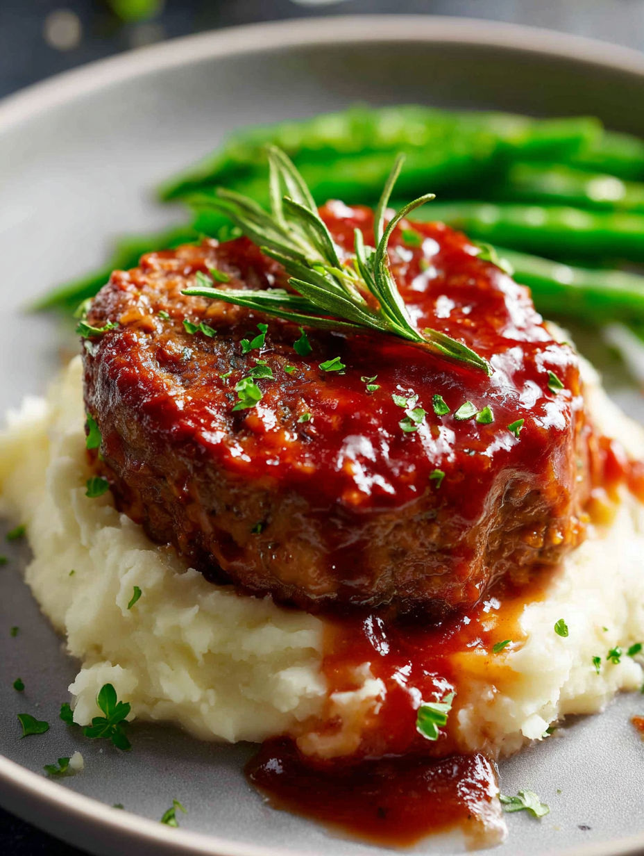 A small piece of meatloaf with a sprig of parsley on top.