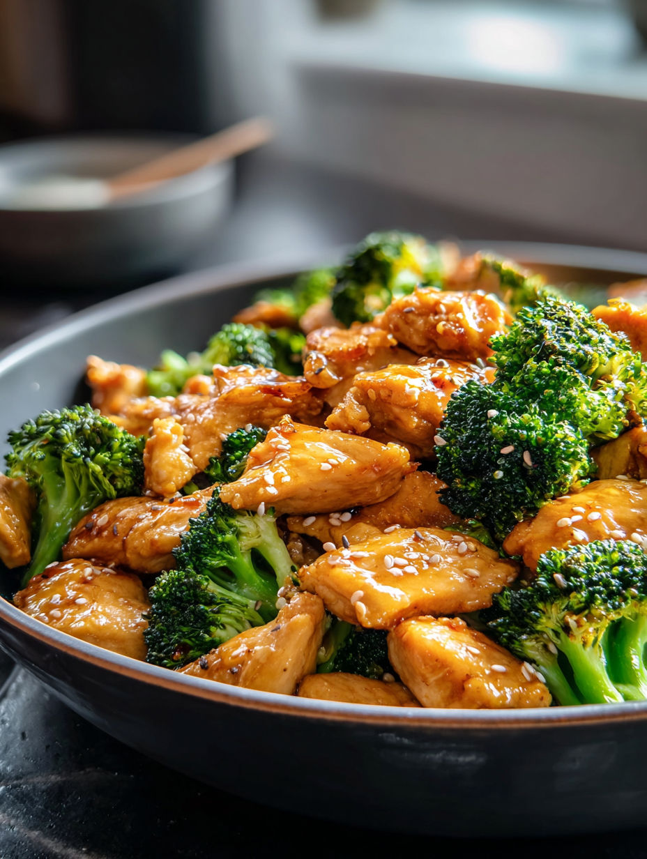 A plate of chicken and broccoli stir-fry.