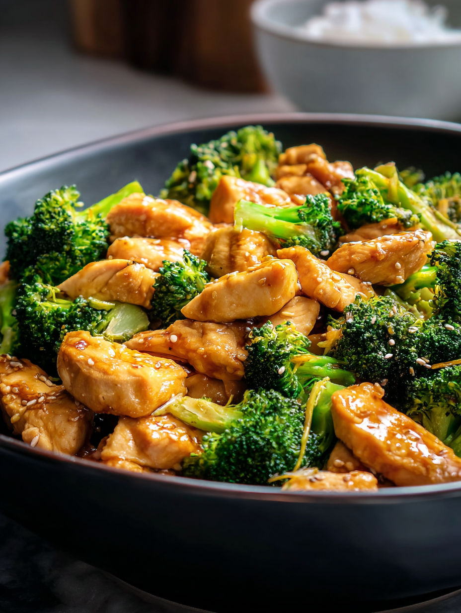 A bowl of chicken and broccoli stir-fry.
