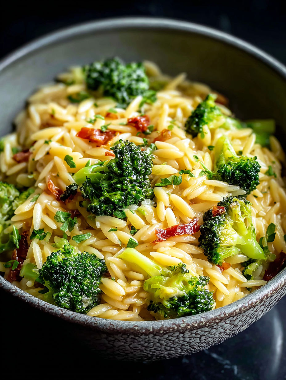 A bowl of orzo with broccoli.