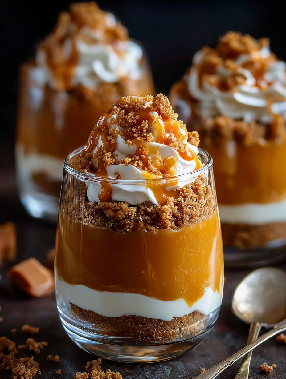 A glass of caramel pumpkin dessert.