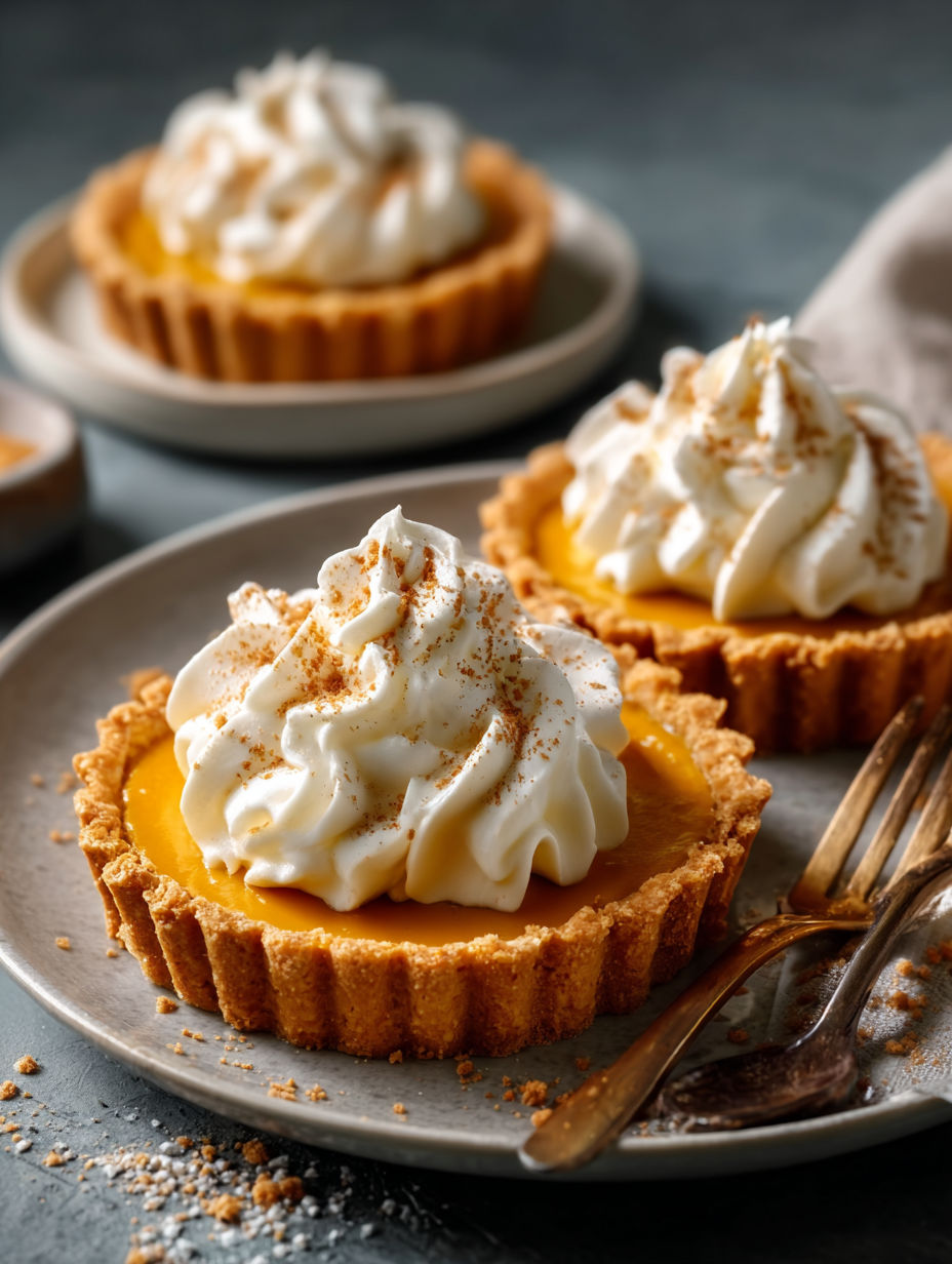 Three small pumpkin mousse tartlets with whipped cream.