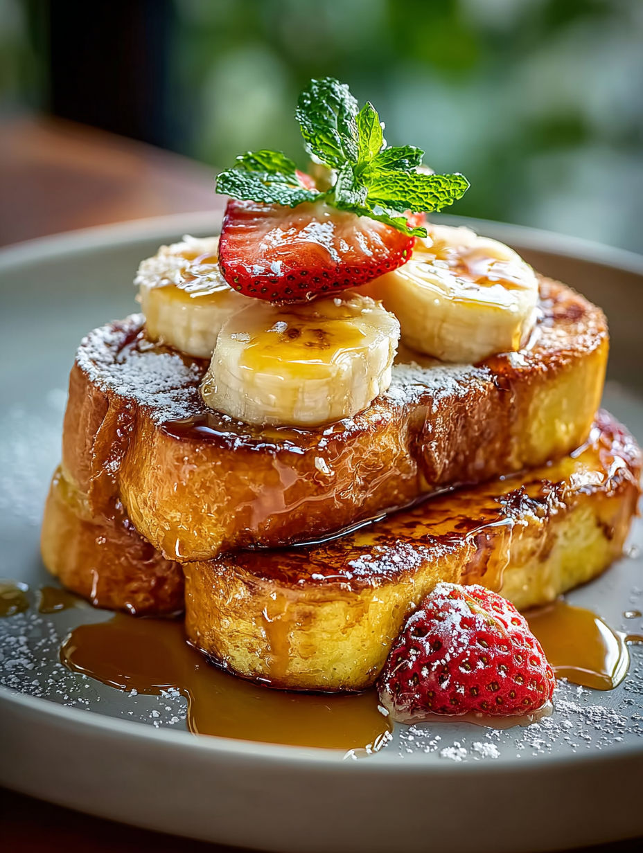 A stack of French toast with bananas and strawberries.