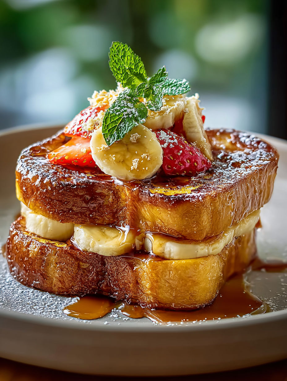 A stack of French toast with bananas and strawberries.