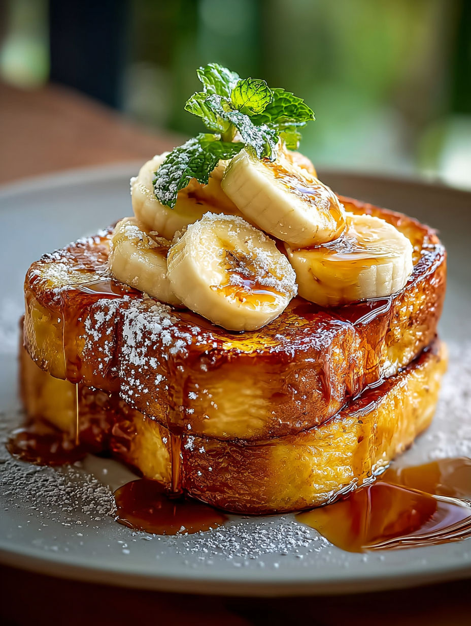 A stack of French toast with bananas and powdered sugar.