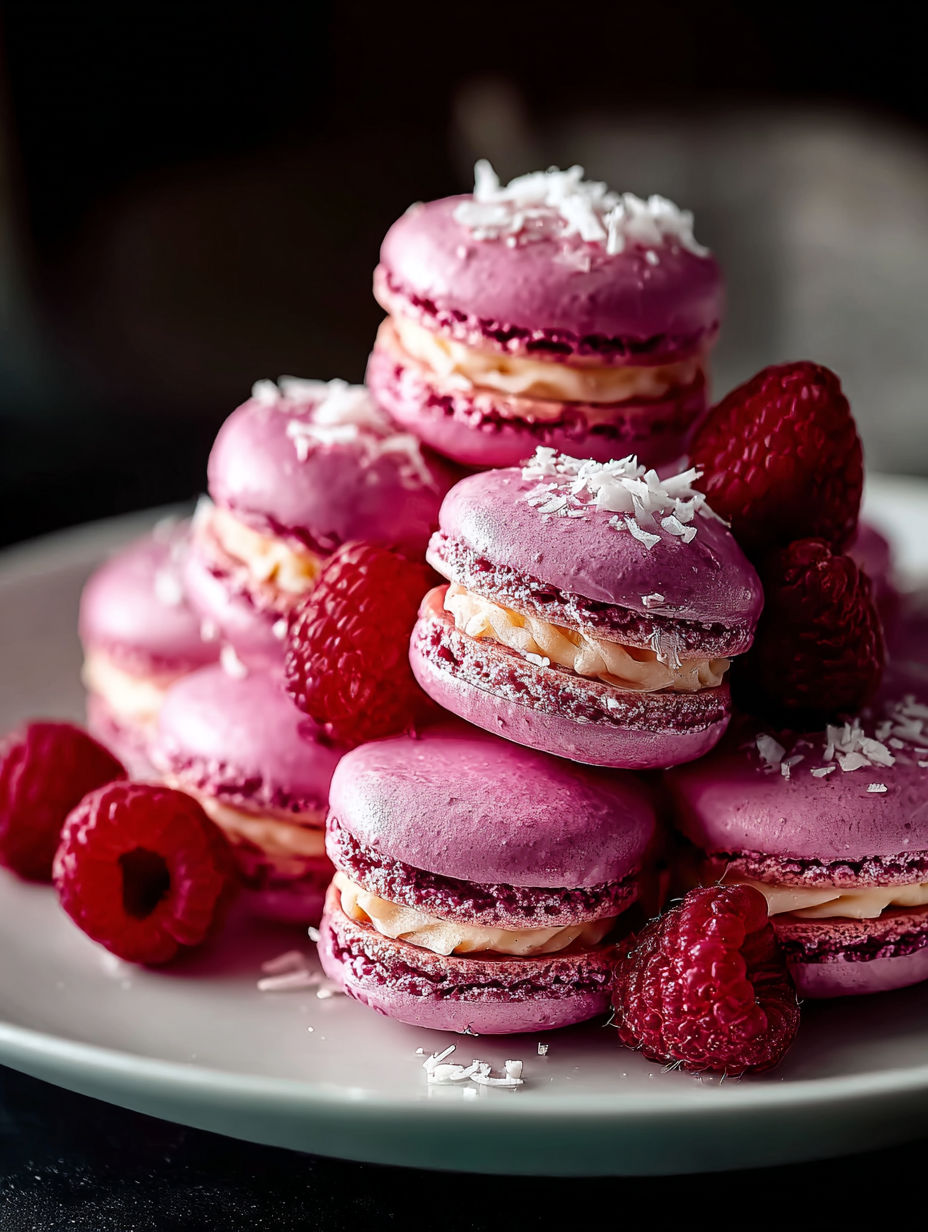 A stack of pink macarons with white coconut on top.