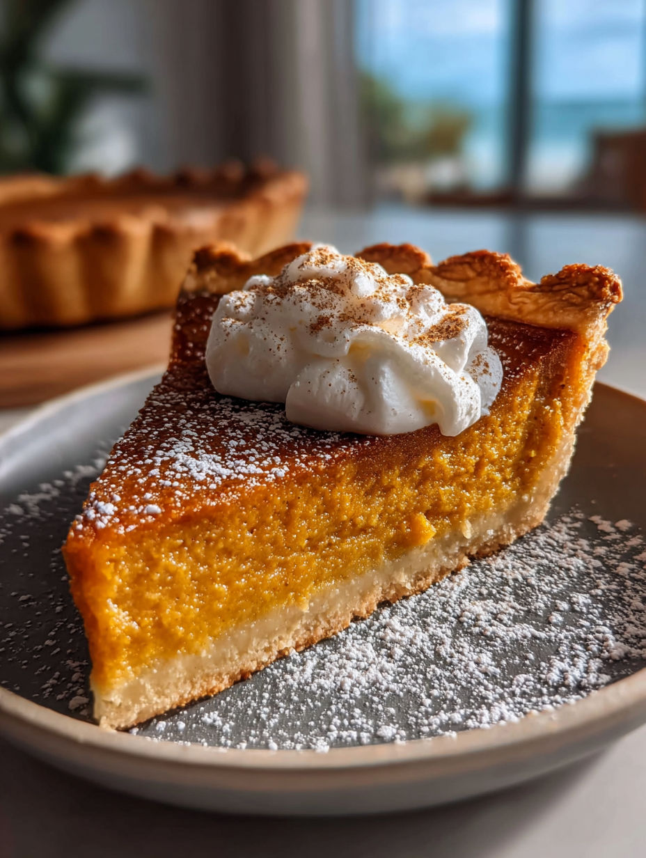 A slice of pumpkin pie with whipped cream on top.