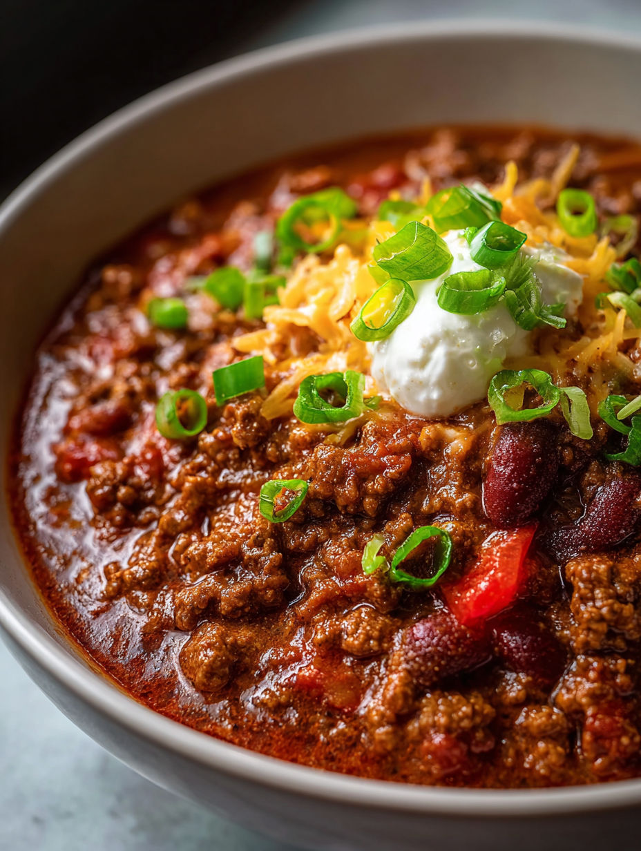 A bowl of chili with cheese and green onions.
