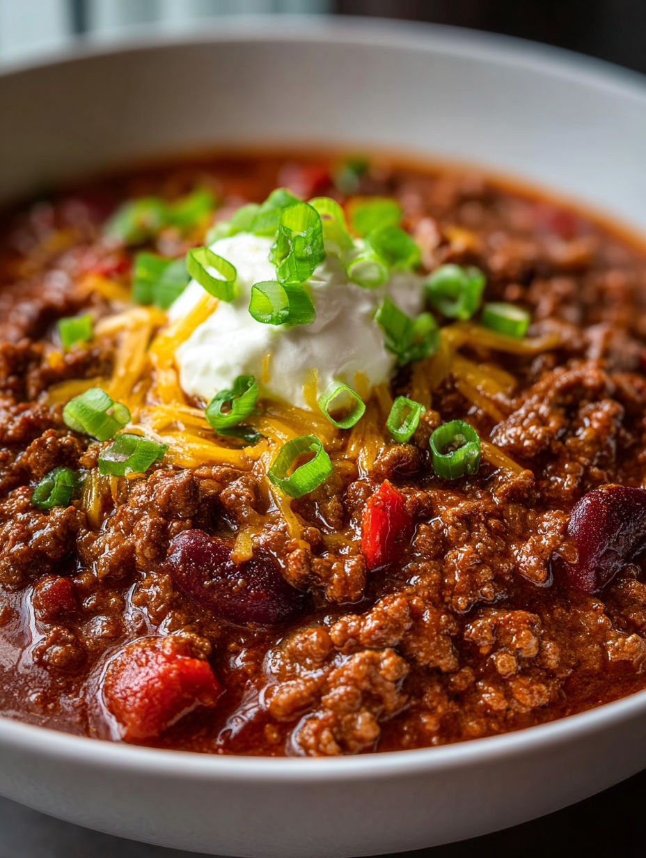A bowl of chili with a white dollop of sour cream on top.