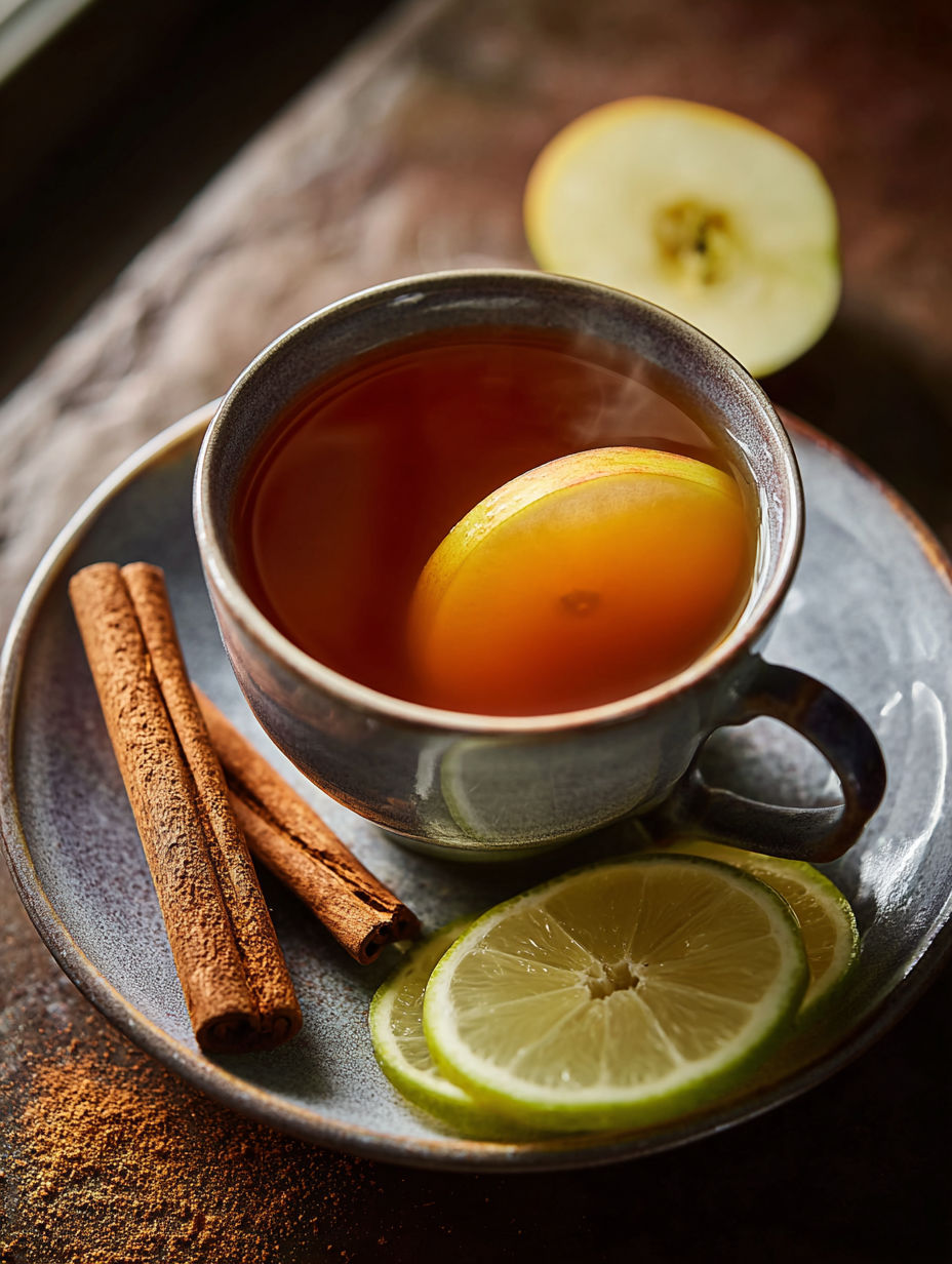 A cup of tea with a slice of lemon and a cinnamon stick.