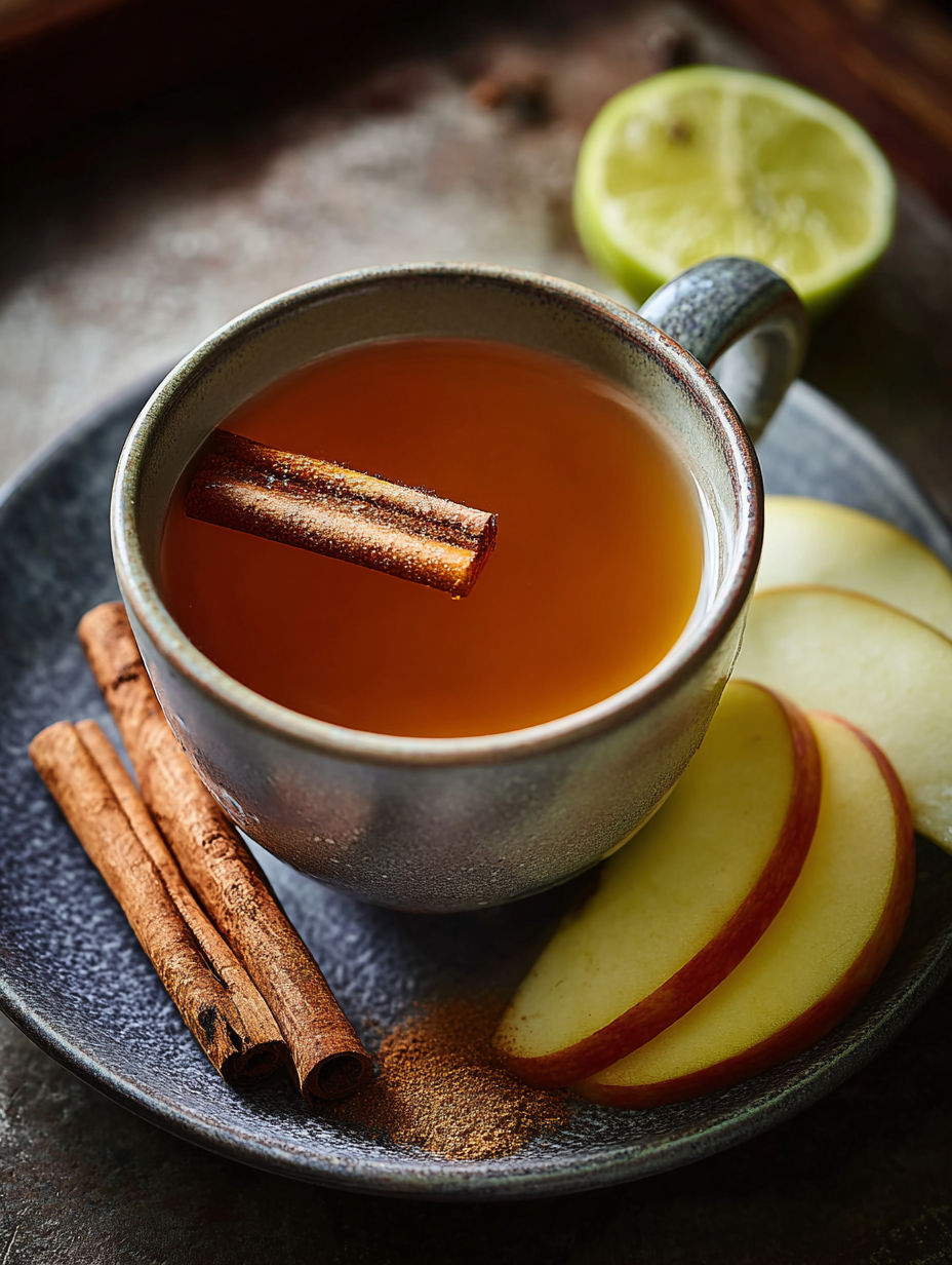 A cup of tea with cinnamon and ginger.