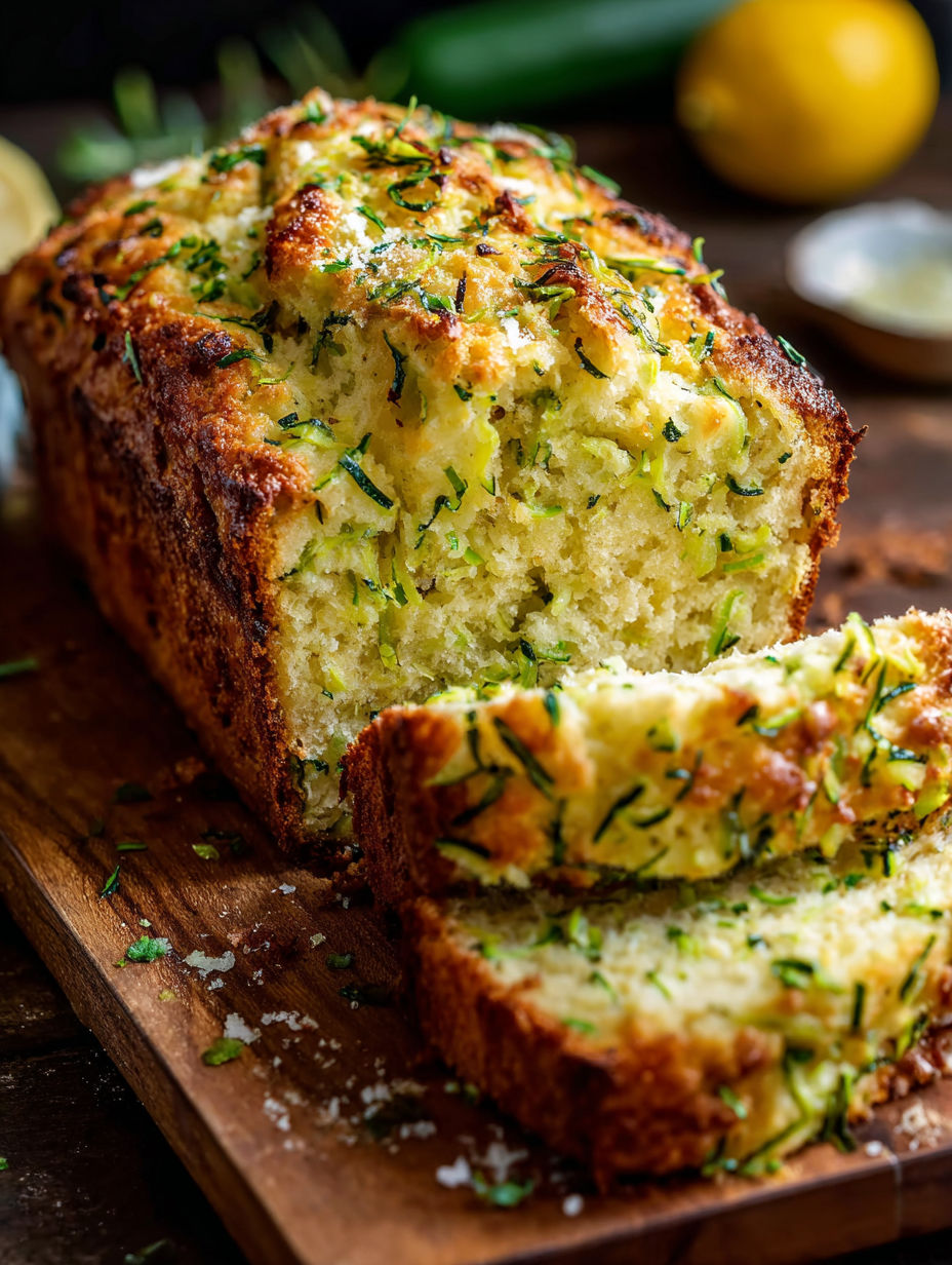 A slice of zucchini ricotta bread with a green herb on top.