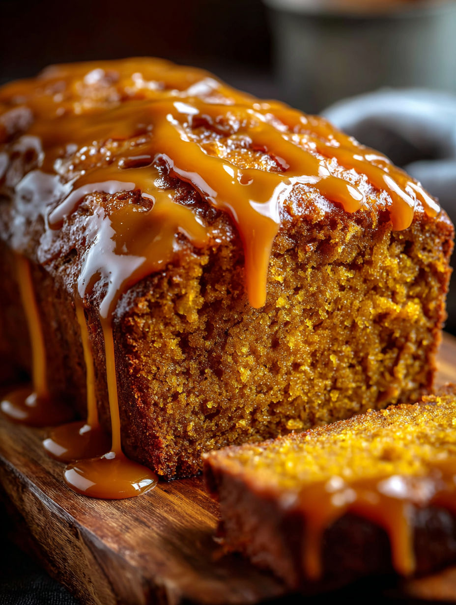 A slice of moist butterscotch glazed pumpkin bread.