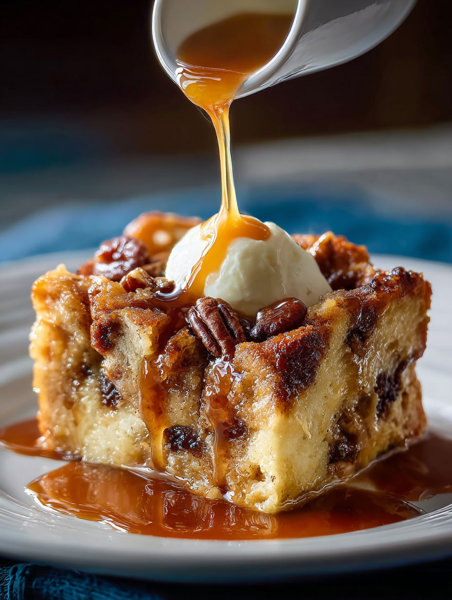 A slice of Orleans Bread Pudding with a drizzle of bourbon sauce.