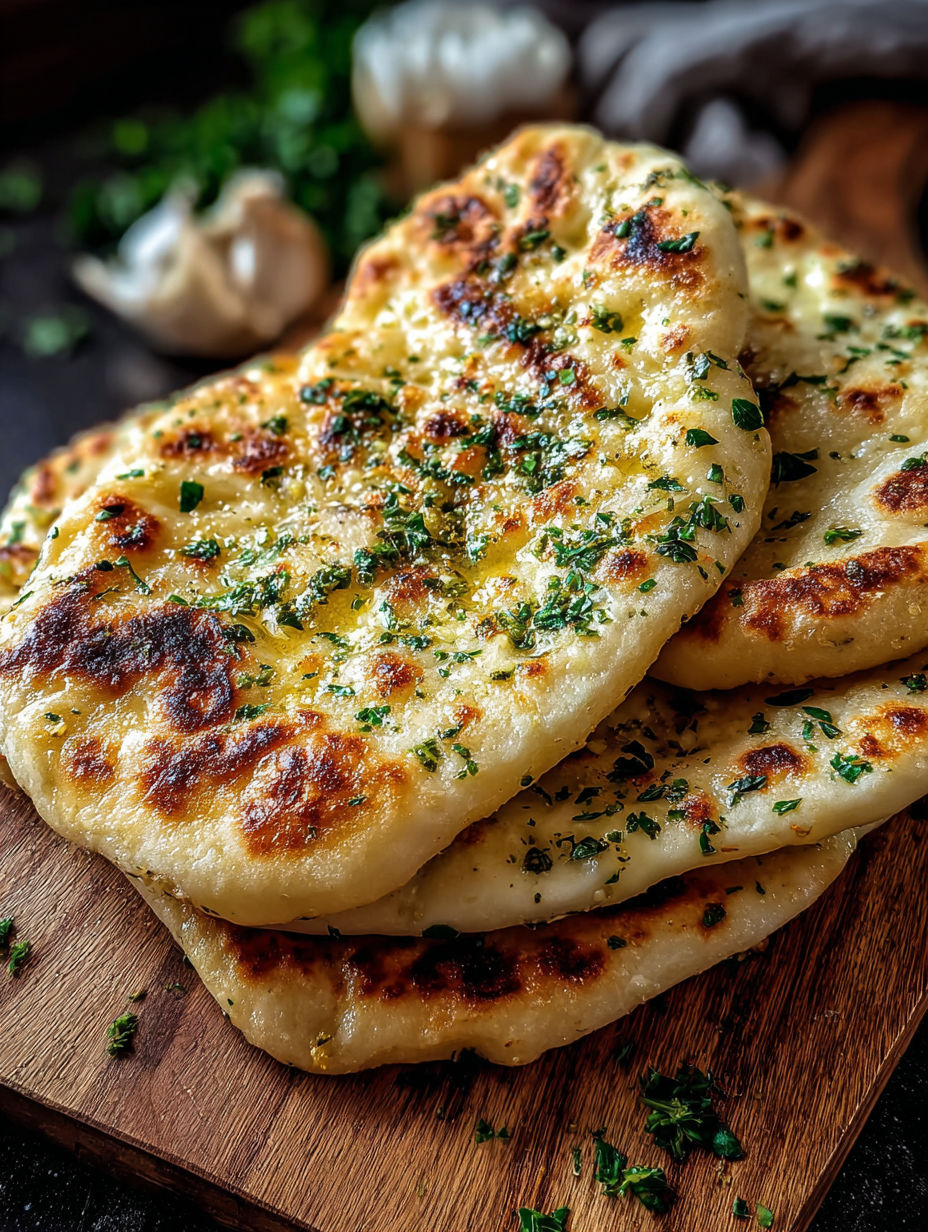 A stack of garlic and butter flatbreads.