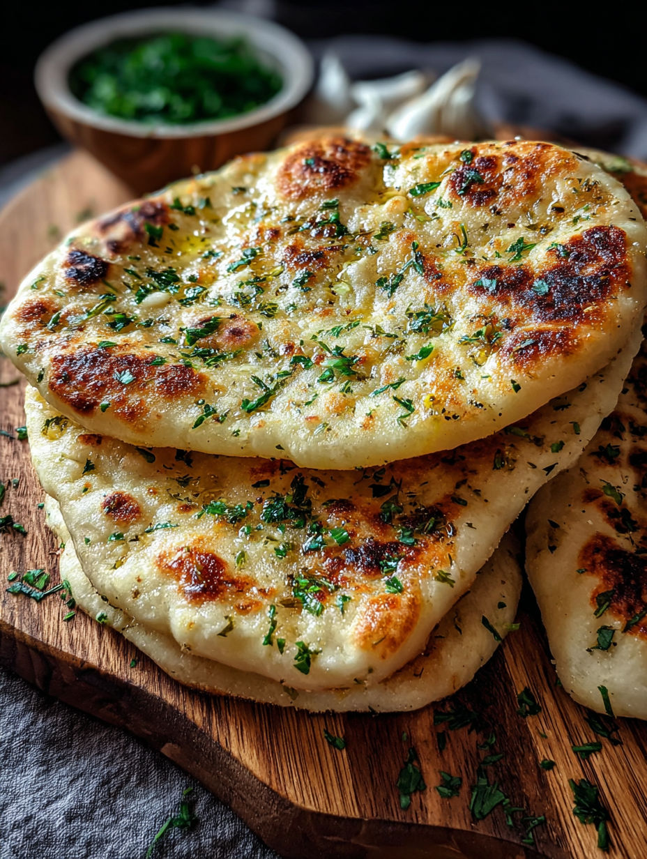 A stack of garlic and butter flatbreads.