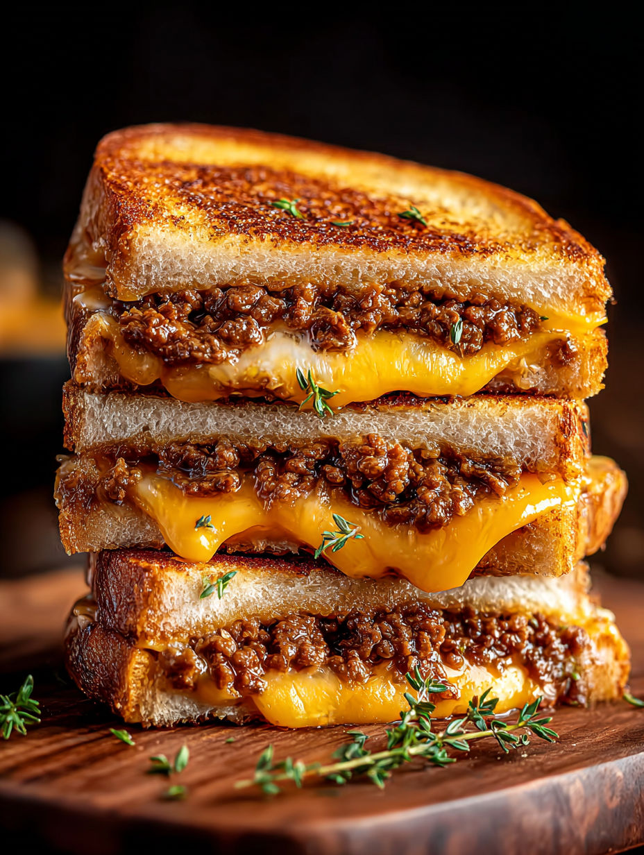 A grilled cheese sandwich with ground beef.