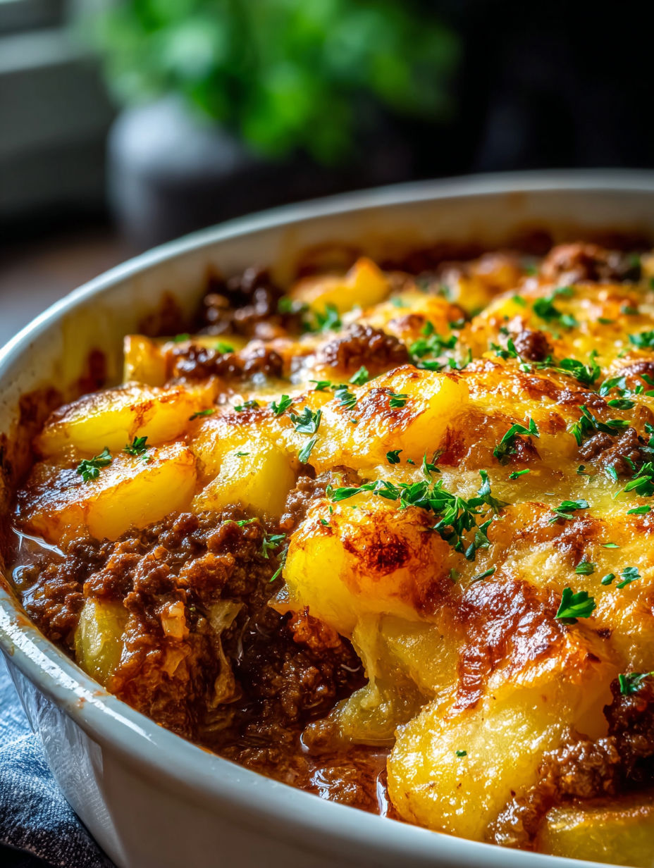 A hearty hobo casserole with ground beef and potatoes.