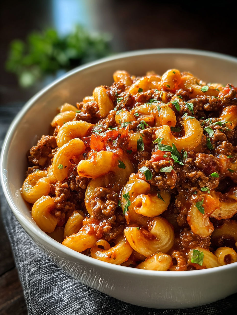 A bowl of beefaroni with a green herb on top.