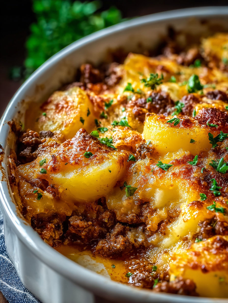 A hearty hobo casserole with ground beef and potatoes.