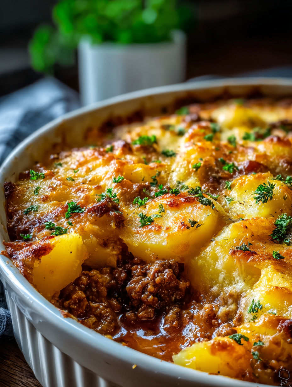 A hearty hobo casserole with ground beef and potatoes.