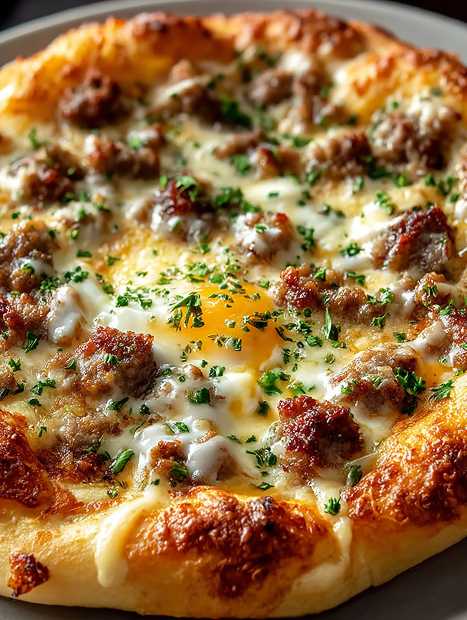A biscuits and sausage gravy breakfast pizza.