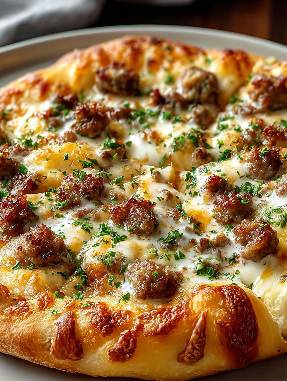 A pizza with sausage and biscuits on top.