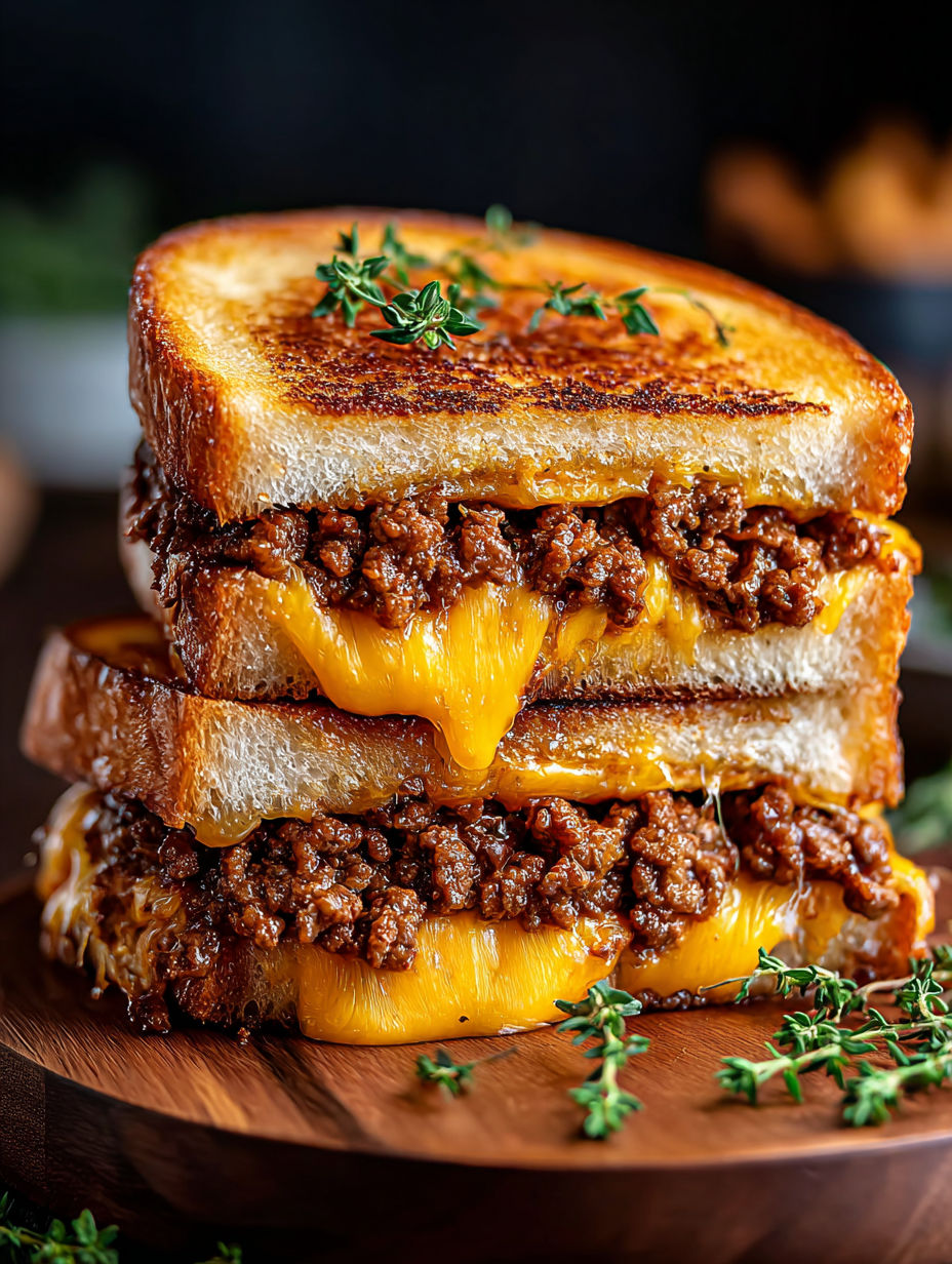 A grilled cheese sandwich with ground beef.