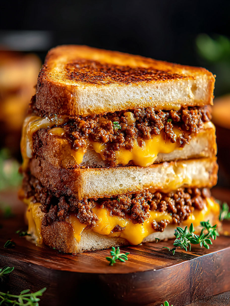 A grilled cheese sandwich with ground beef.