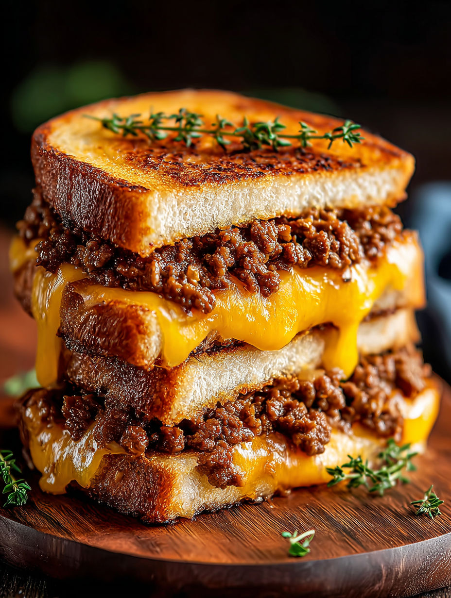 A grilled cheese sandwich with ground beef on top.