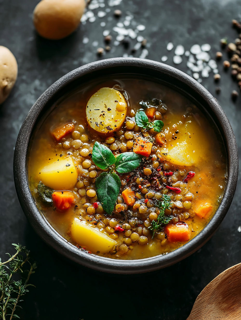 A bowl of hearty lentil and potato soup.