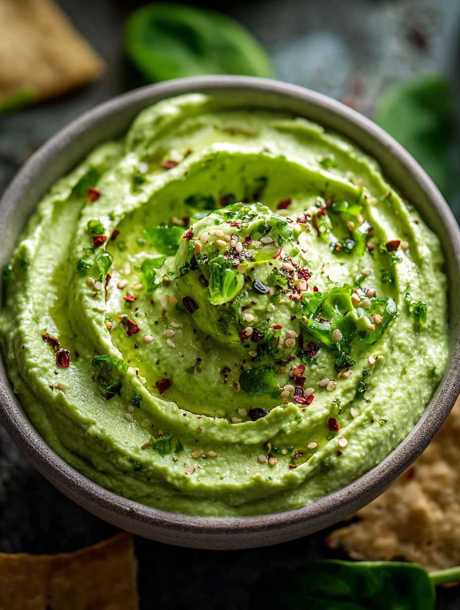 A bowl of creamy spinach avocado grinch dip.
