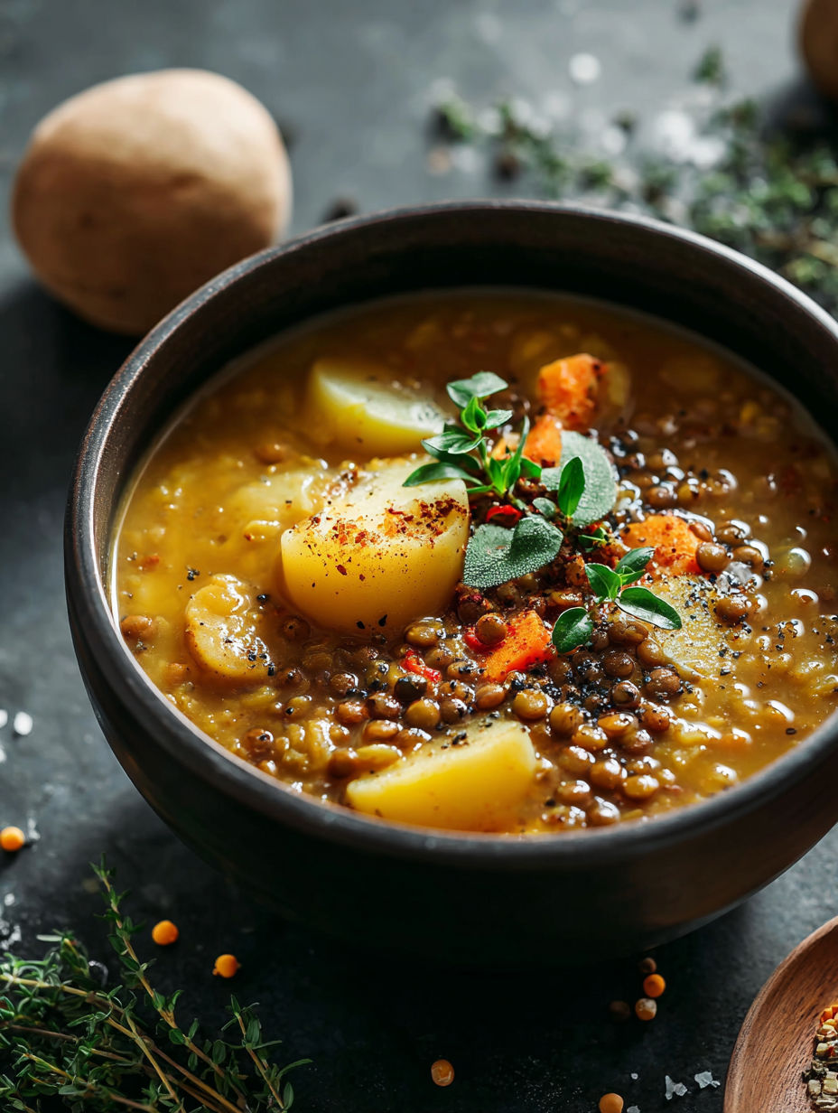 A bowl of hearty lentil and potato soup.