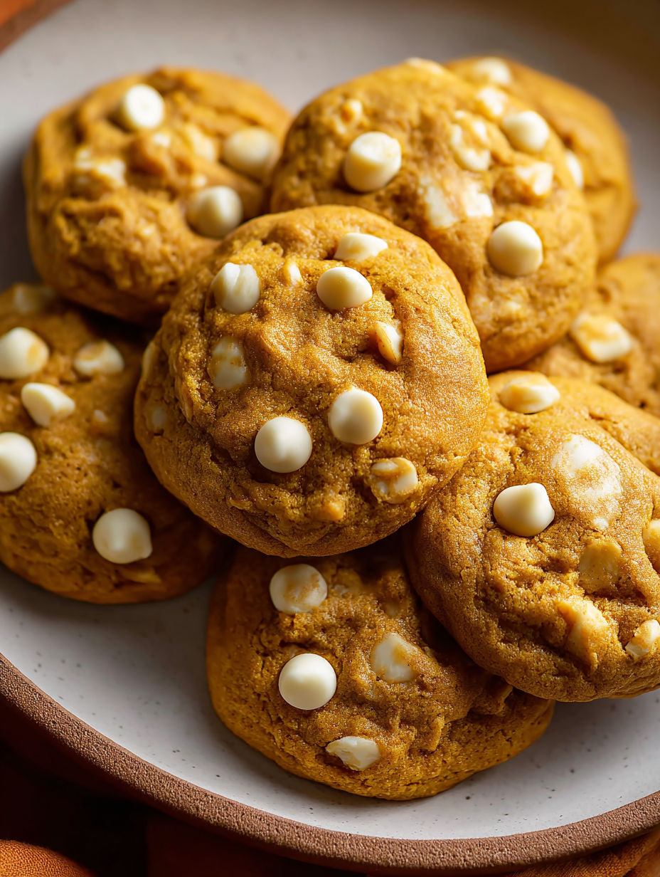 A plate of pumpkin white chocolate chip cookies.