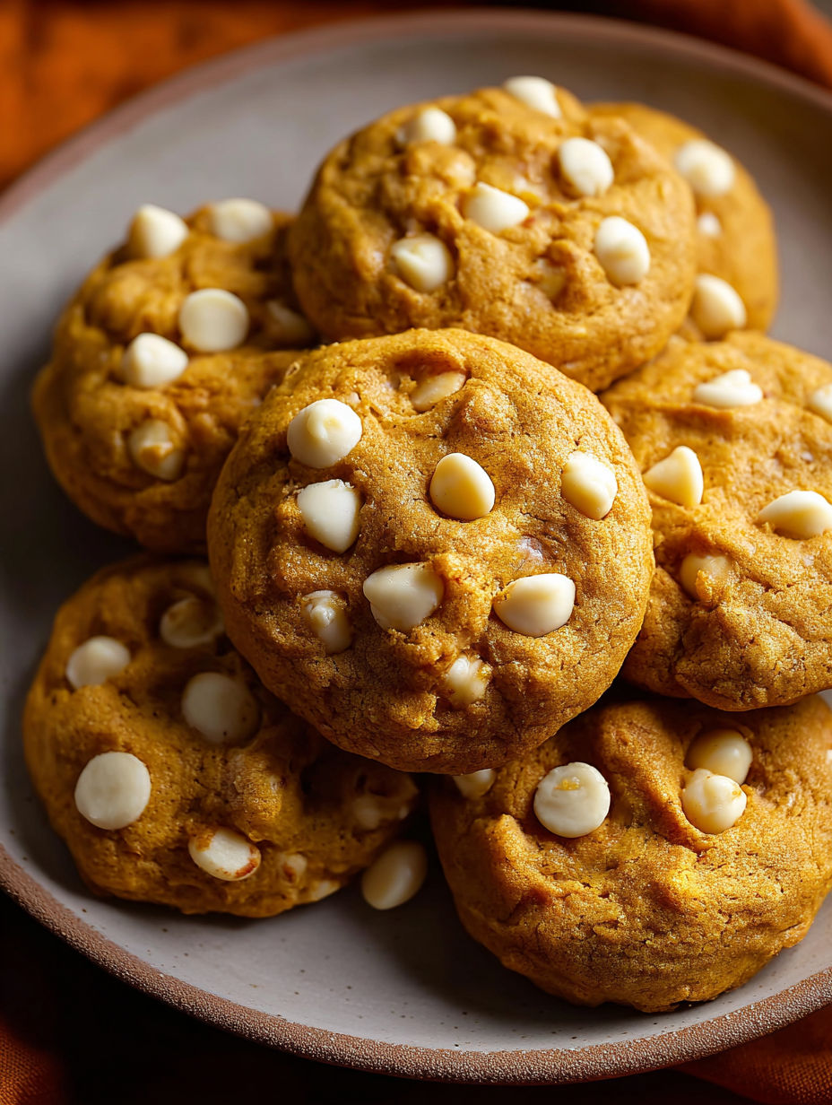 A plate of pumpkin white chocolate chip cookies.