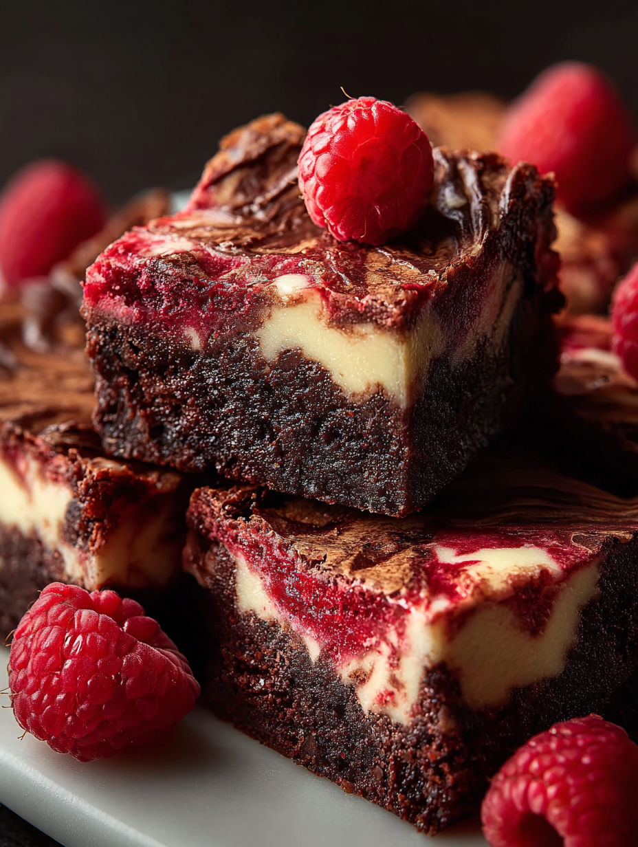 A close up of a chocolate dessert with raspberries on top.